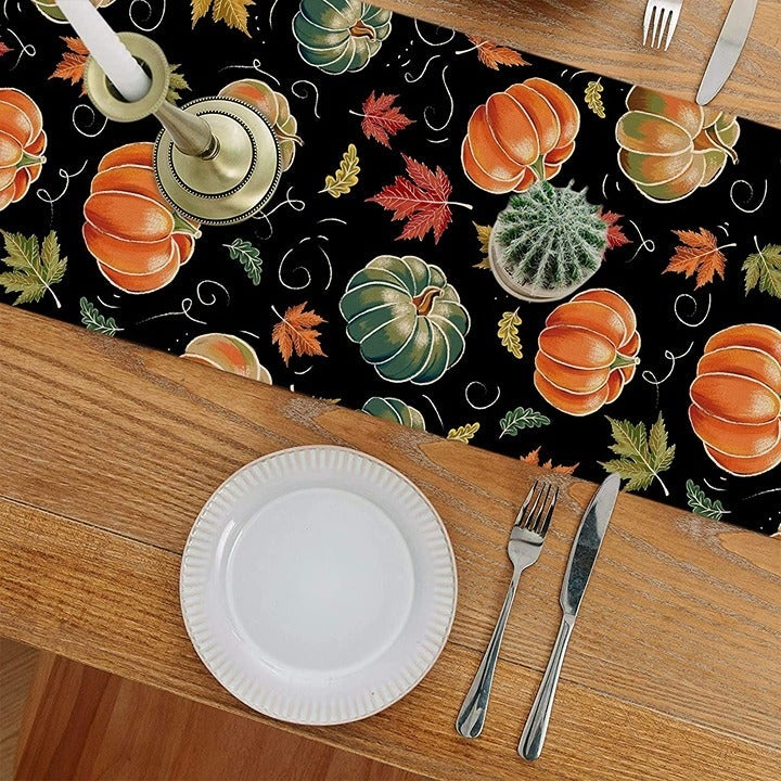 Fall Colorful Pumpkin Table Runner Black, Watercolor Thanksgiving Harvest