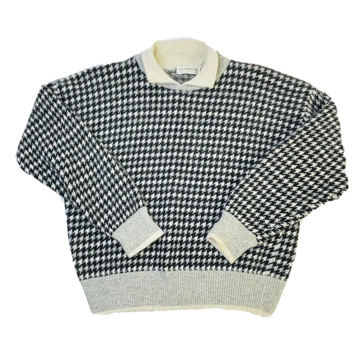 Vintage Houndstooth Print Lambswool Angora Sweater Womens Medium
