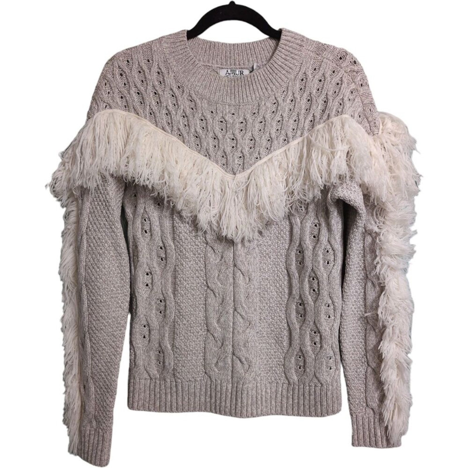 AMUR Ulla Sweater Oatmeal Fringe Cable Knit Crew Neck Long Sleeve Merino Wool M