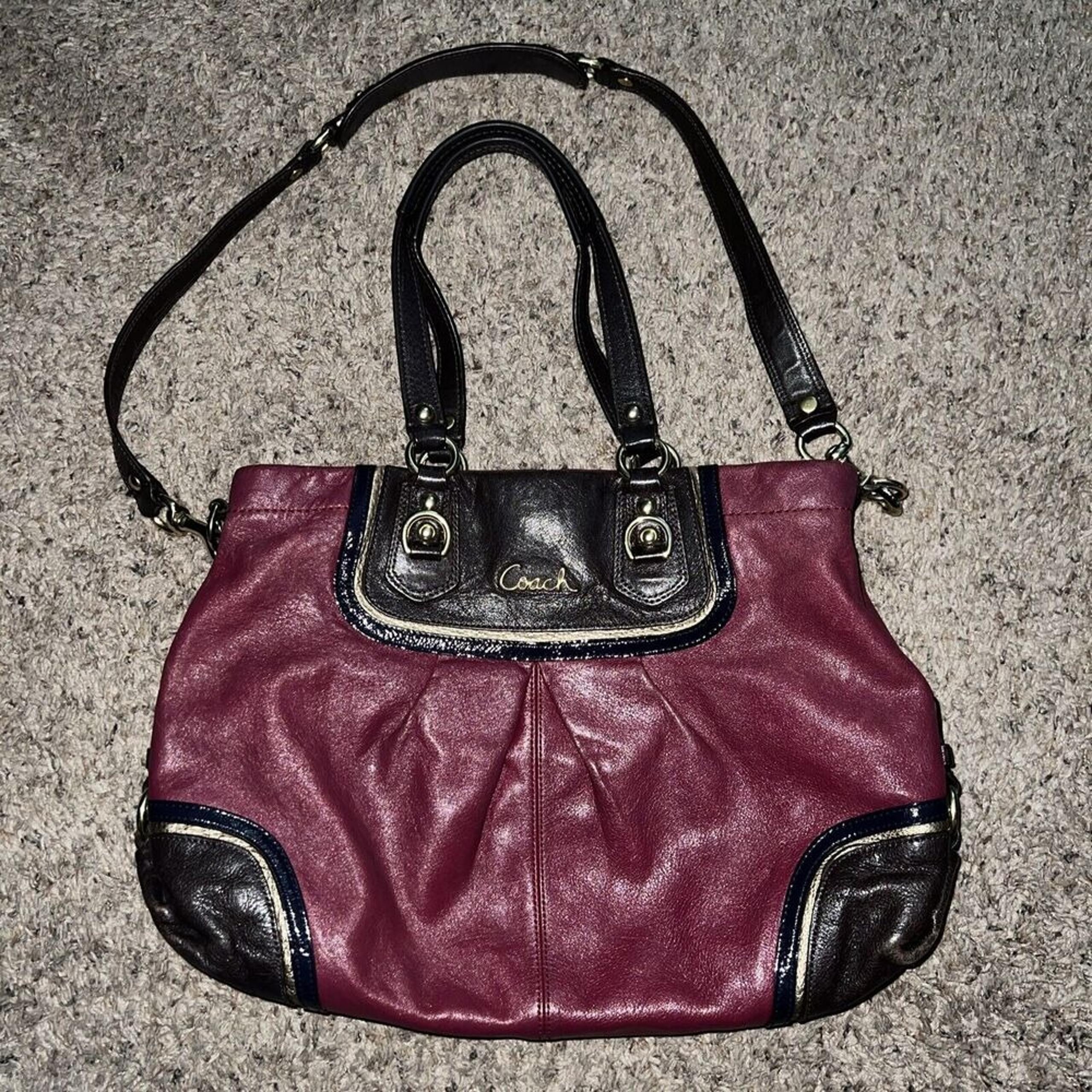 Coach Magenta Red Choco Brown Gold Leather Ashley Satchel Tote #17096