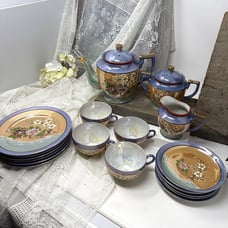 Rare Vintage Hand-Painted Luster Tea Set With Floral Design & Gold Trim 19 pc