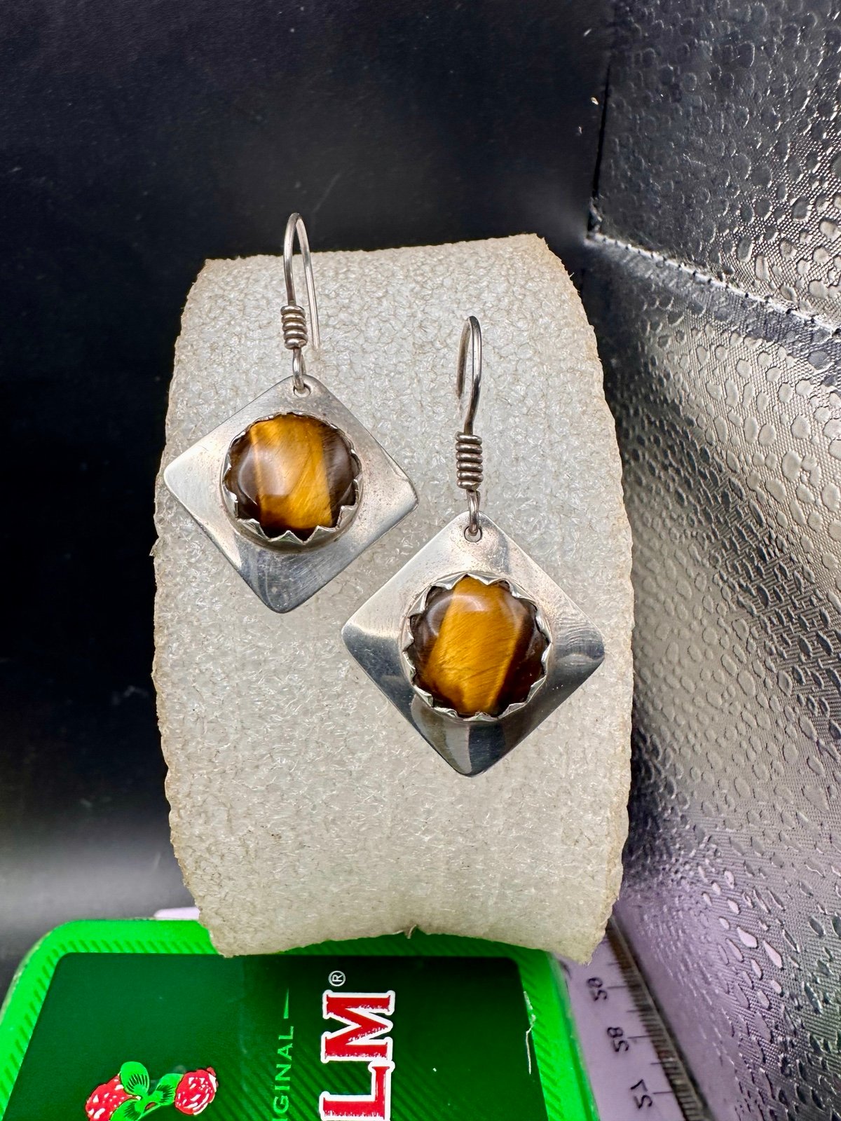 Vintage Sterling Tribal Style Tiger’s Eye Marked Earrings