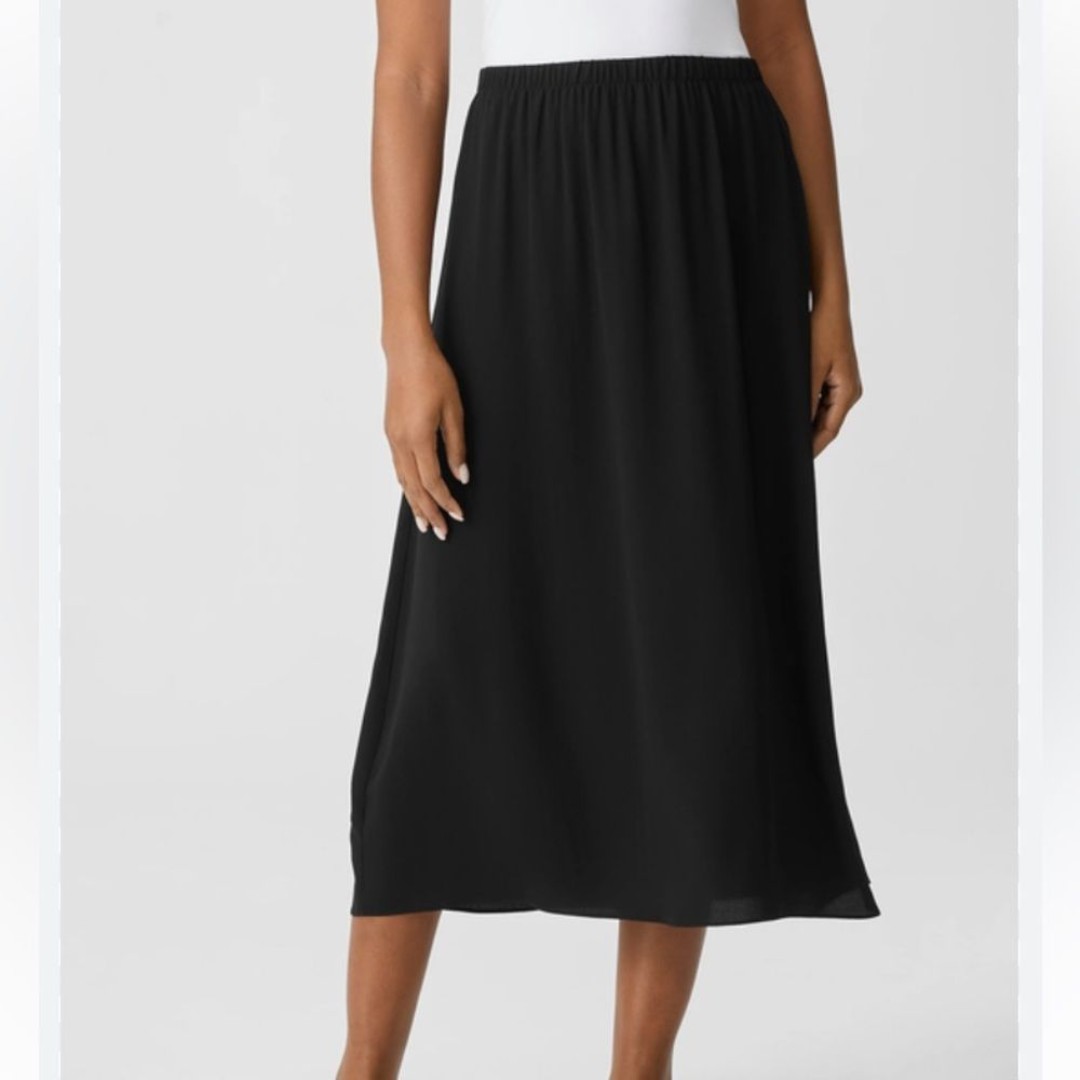 Eileen Fisher 100% silk black flowy A-Line Midi Skirt L