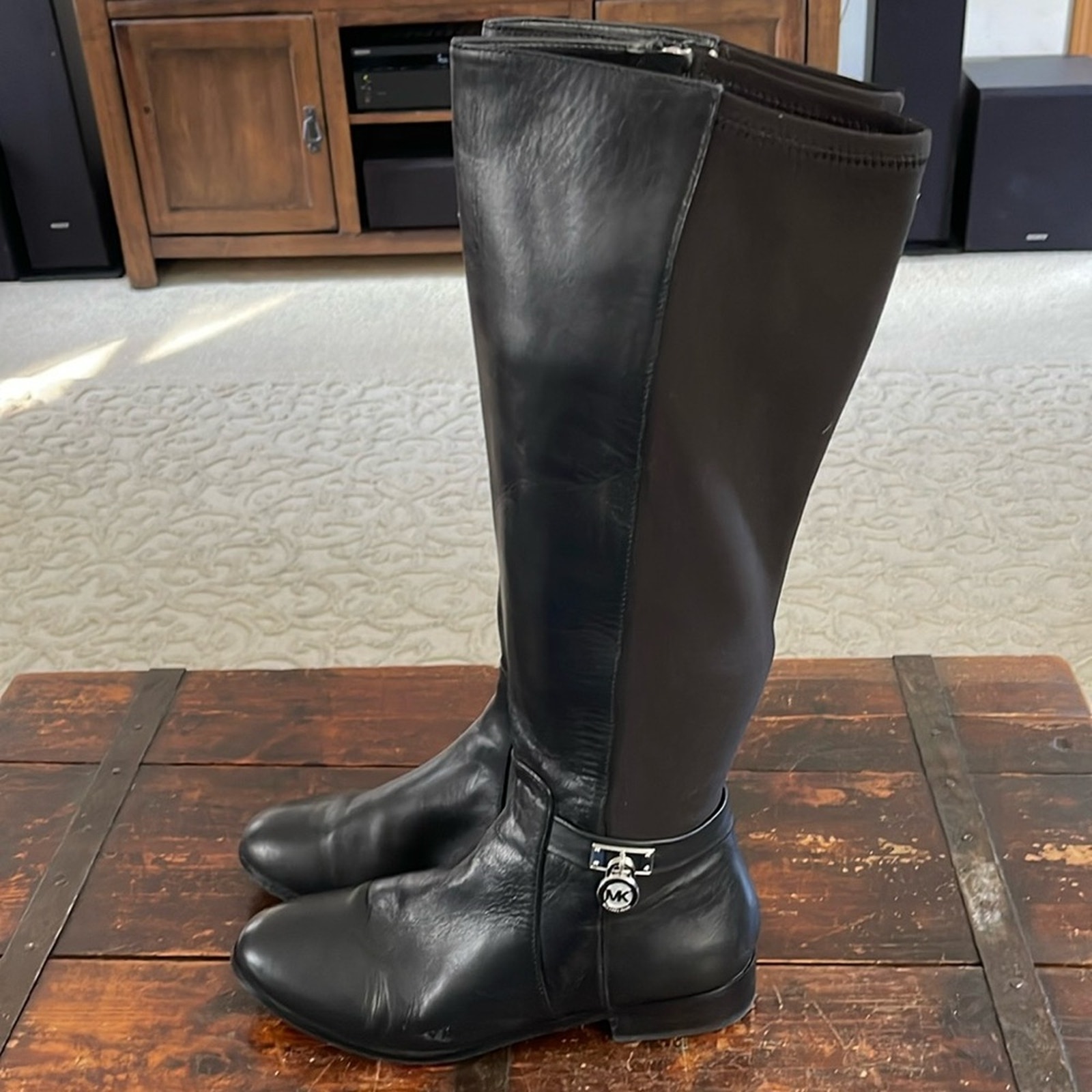 Michael Kors Black Leather and Stretch Fabric Hamilton Tall Boots Size 8