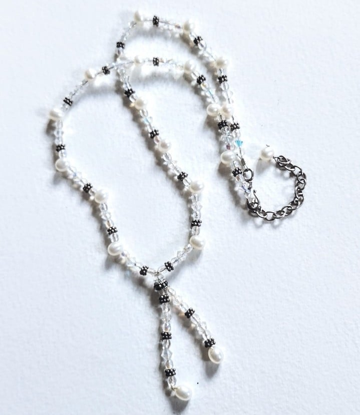 Vintage Sterling Silver Faceted Glass Freshwater Pearl Crystal Beaded Necklace
