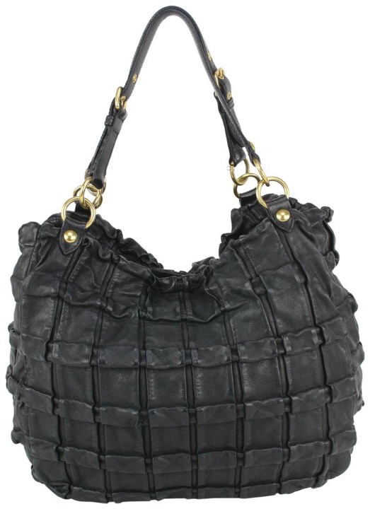 Miu Miu Black Leather Quilted Ruffle Hob
