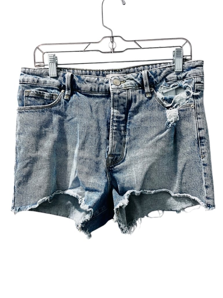 Good American Button Fly Med Wash Blue Denim Jean Shorts Size 10 Distressed