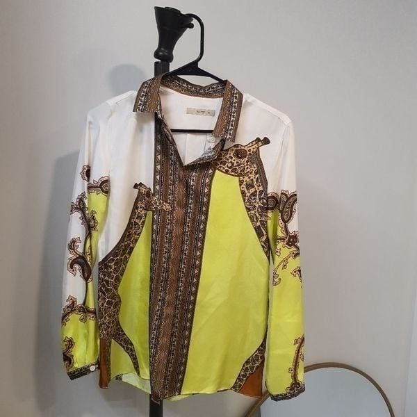 Etro white multi safari giraffe print long sleeve silk front button blouse sz 40