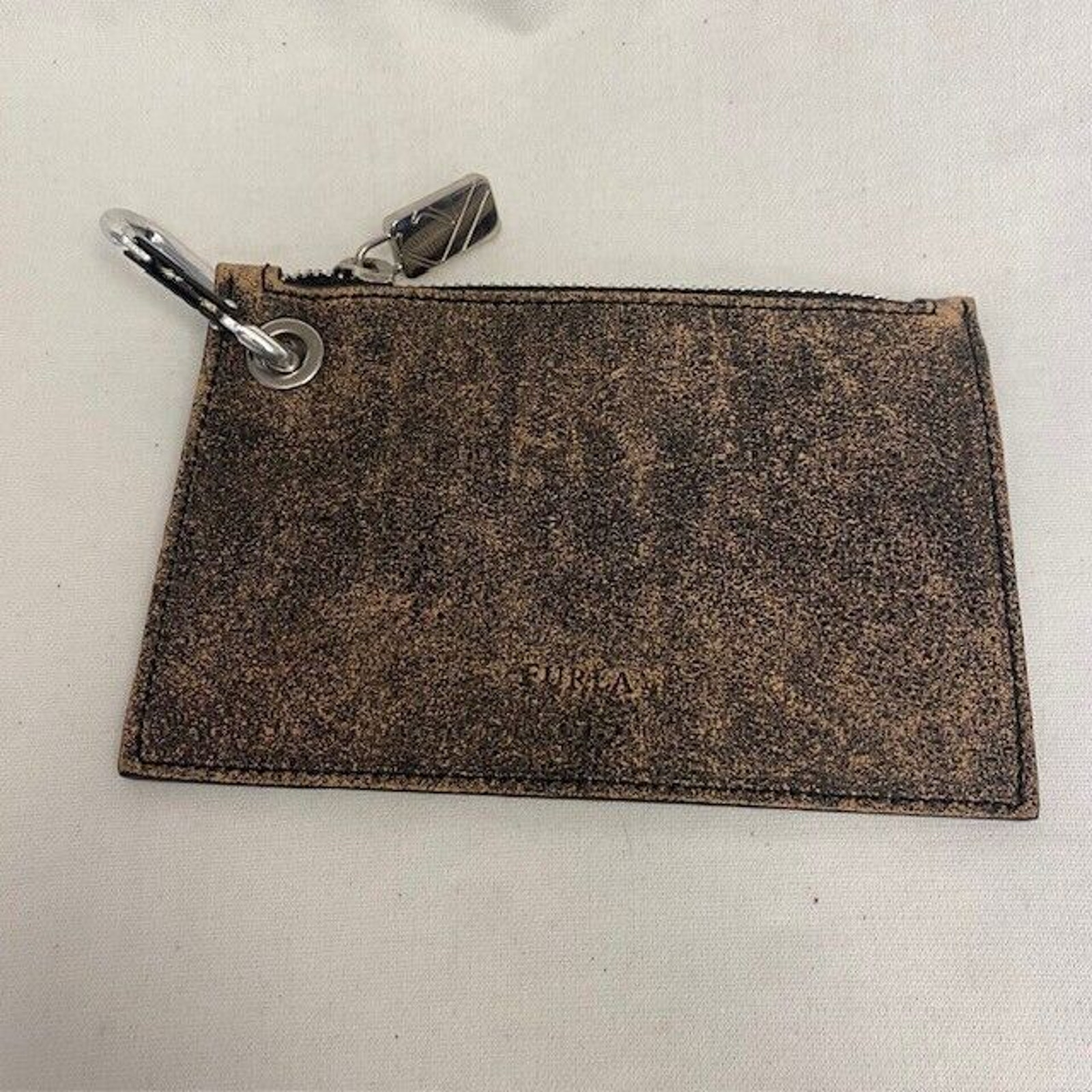 FURLA Metallic Gold Black Zipper Wallet Coin Purse Carabiner 4x6 inches