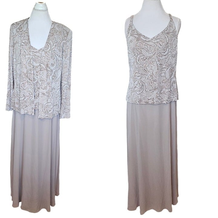 Alex Evenings Champagne Glitter Paisley Two Piece Jacket Maxi Dress Size 12