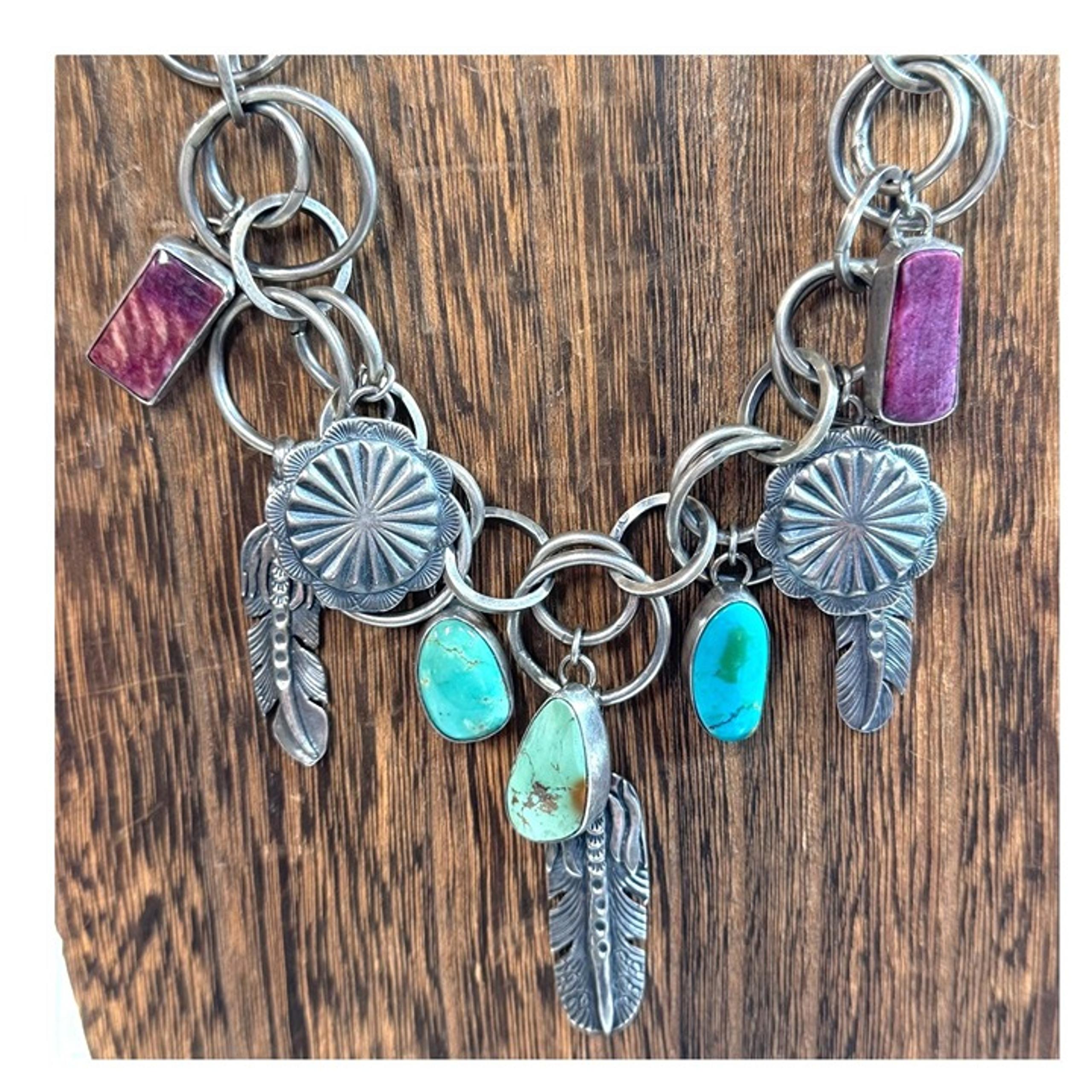 Vtg Emer Thompson Sterling Silver Navajo Necklace Feather Spiny Oyster Turquoise