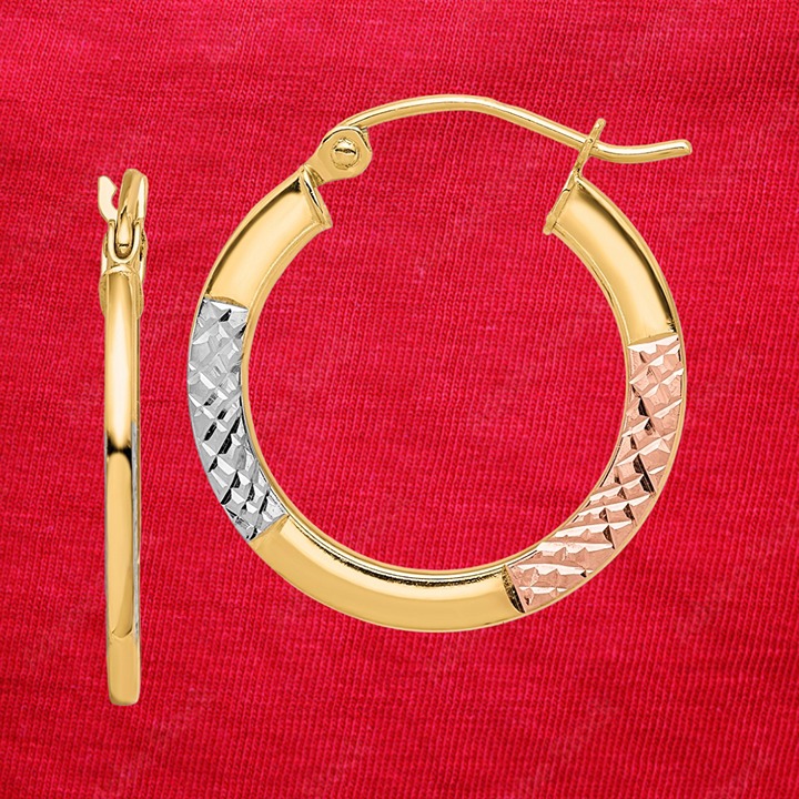 10K White & Rose Rhodium D/C 2.5x20mm Hoop Earrings