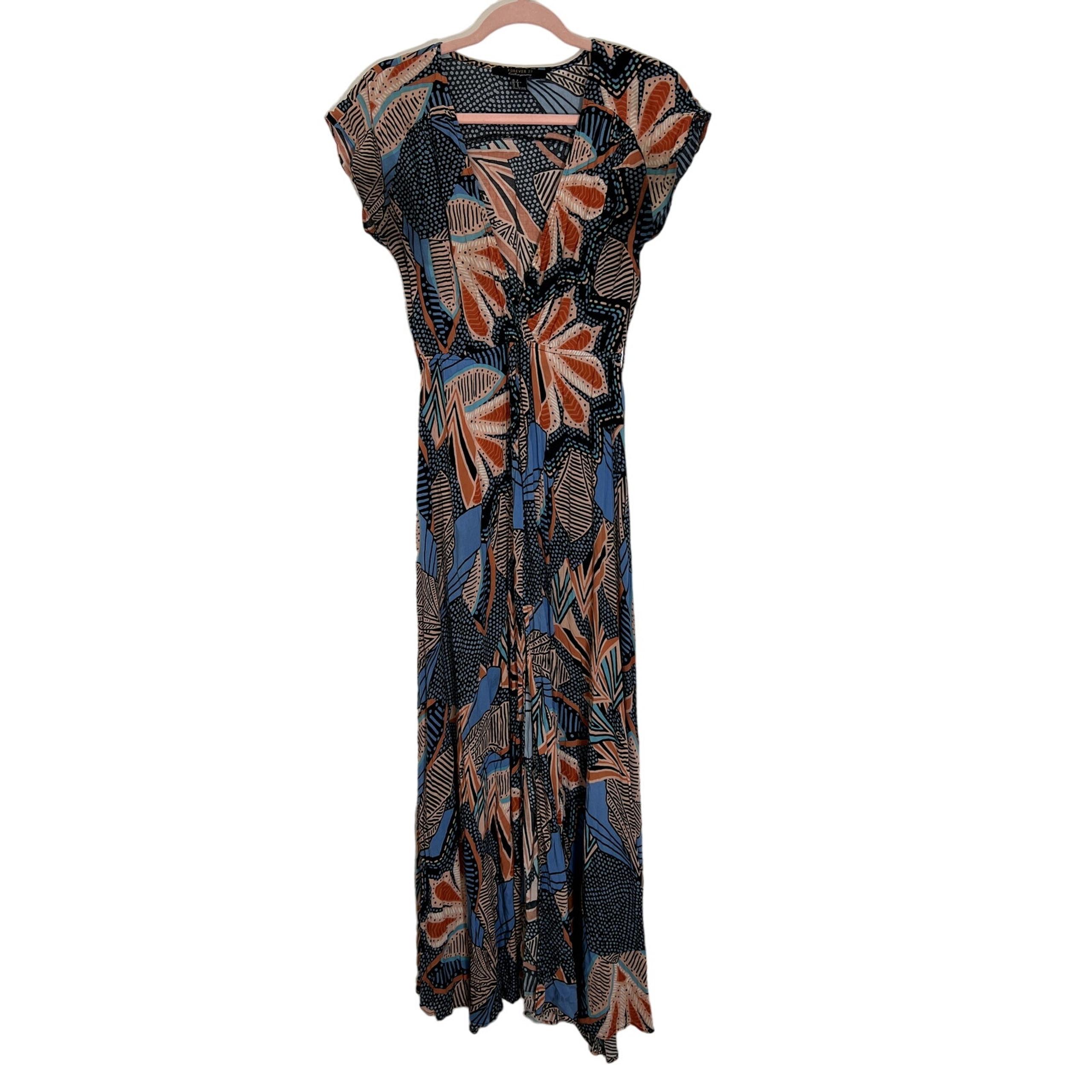 Forever 21 Multicolor Polyester Deep Vneck Short Sleeve Floral Maxi Dress Size S