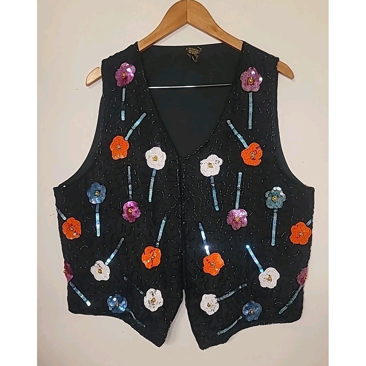 100% Silk Beaded Vest Women's 2XL Plus Size Floral Hippie Eveningwear Eclectic