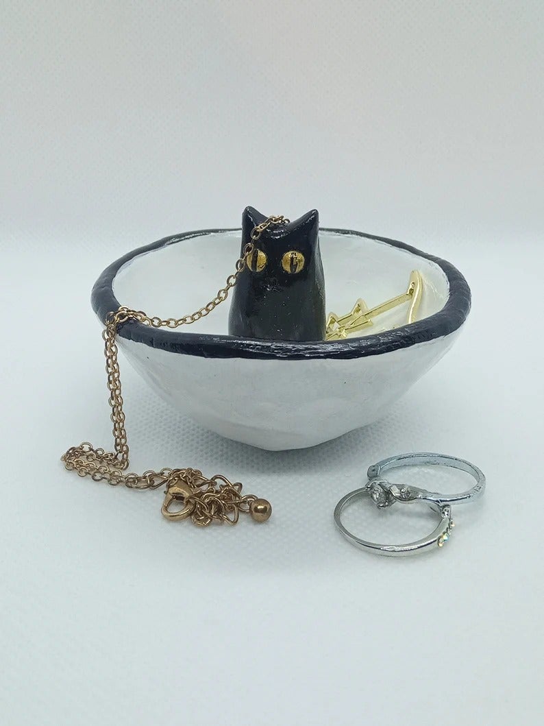 Lucky Black Cat Handmade Ceramic Decorative Trinket Bowl Dish-kvh