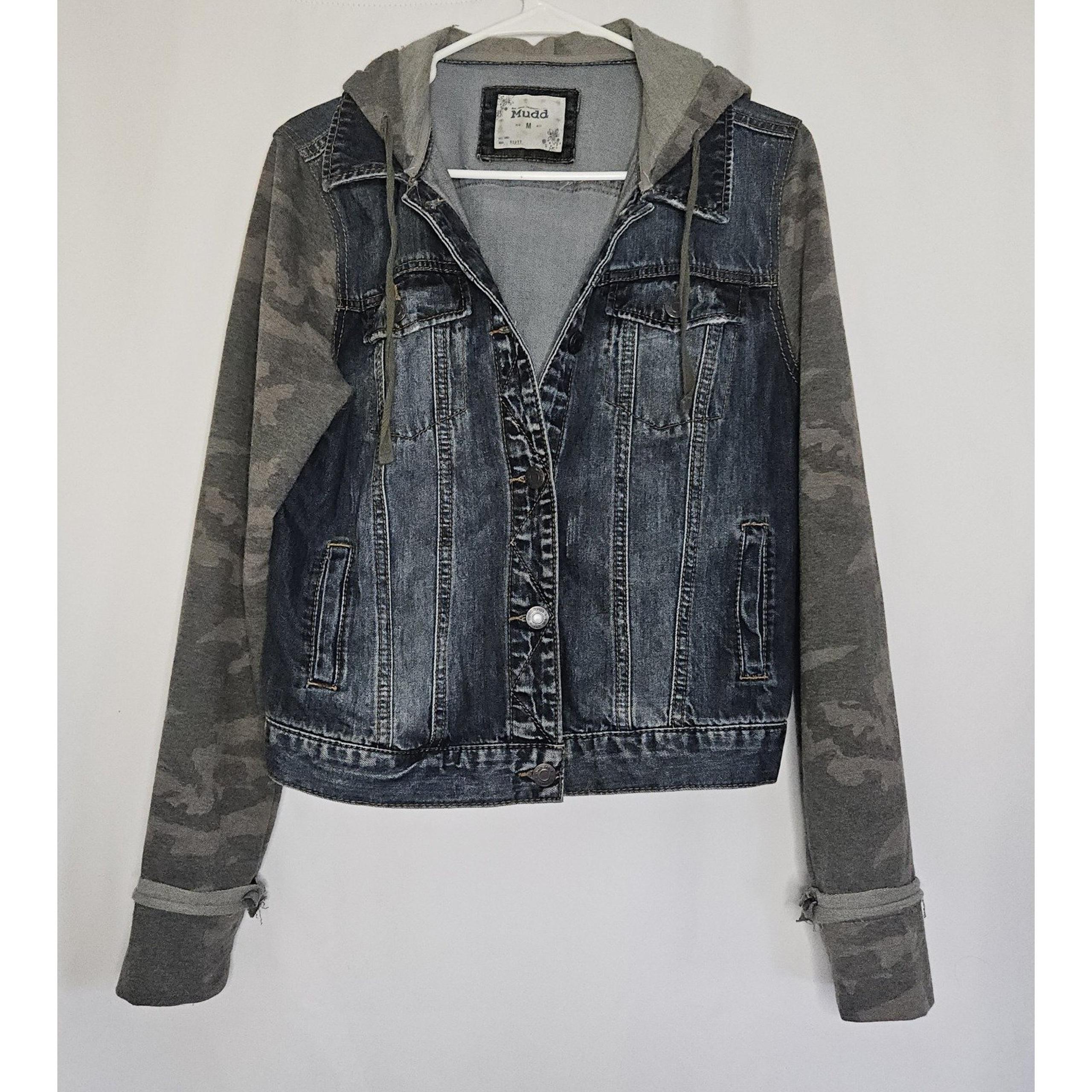 Mudd Denim Jacket with Hoodie Juniors with Camouflage Sleeves Size M