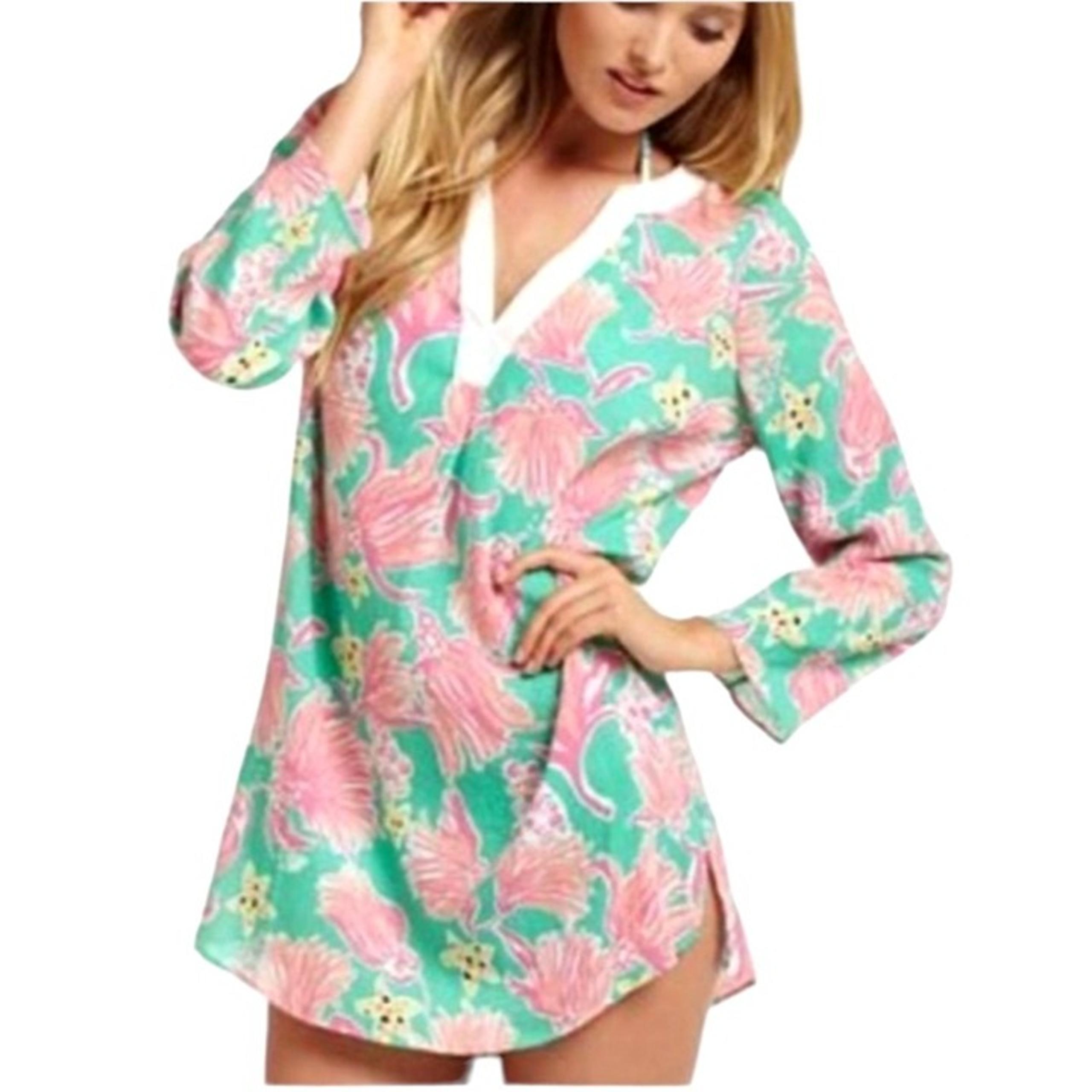 Lilly Pulitzer Shirt Women Large Green Pink Ripley Lagoon Cotton Tunic Top