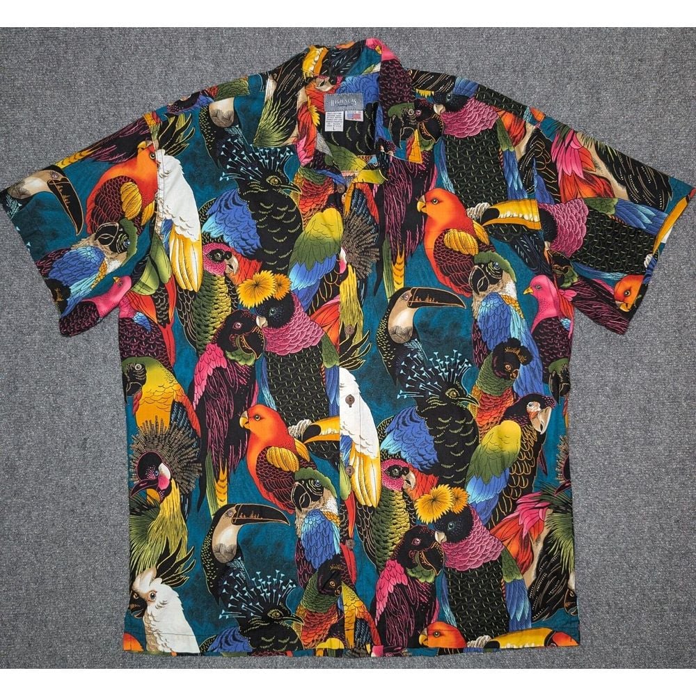 High Seas Shirt Mens Large Blue Red Birds Button Up Hawaiian All Over Print Vtg