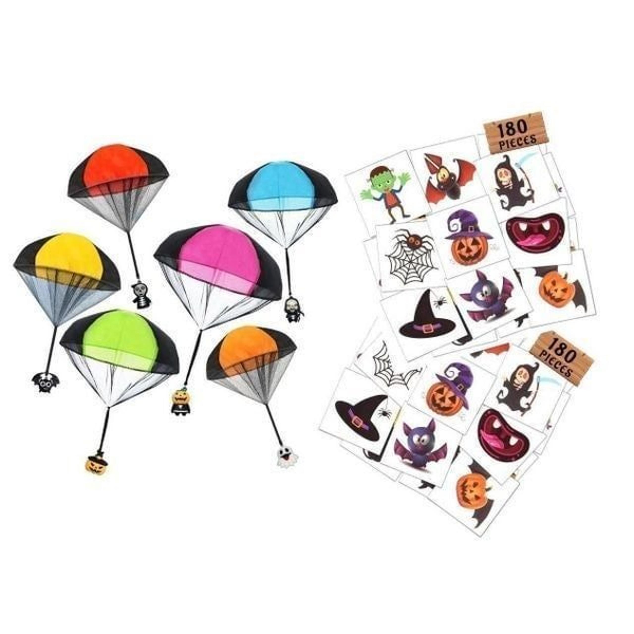 Bundle of 6 Pack Halloween Parachute Toys & 360 Halloween Temporary Tattoos