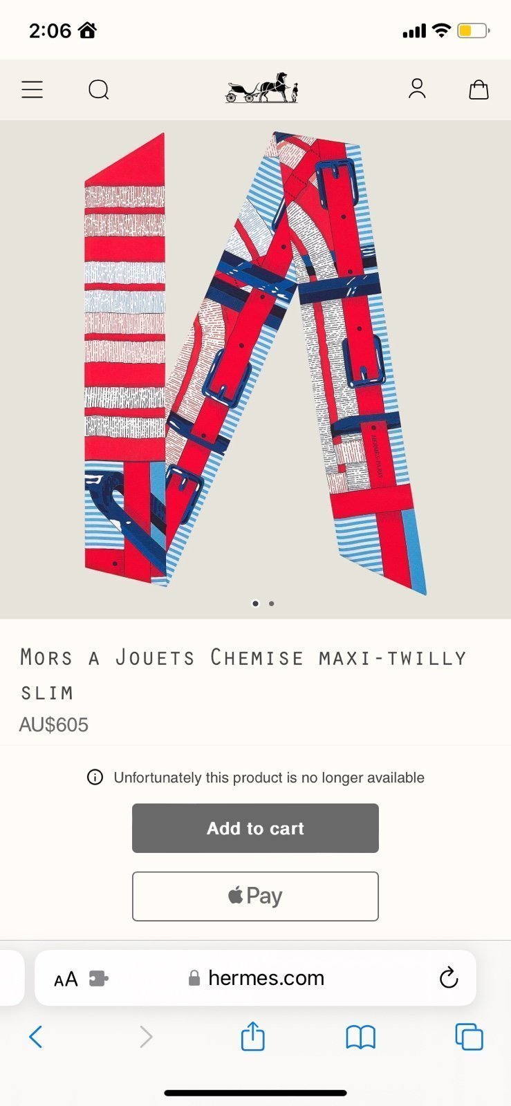 Hermes Mors a Jouets Chemise Maxi Twilly Slim Scarf - NEW!!