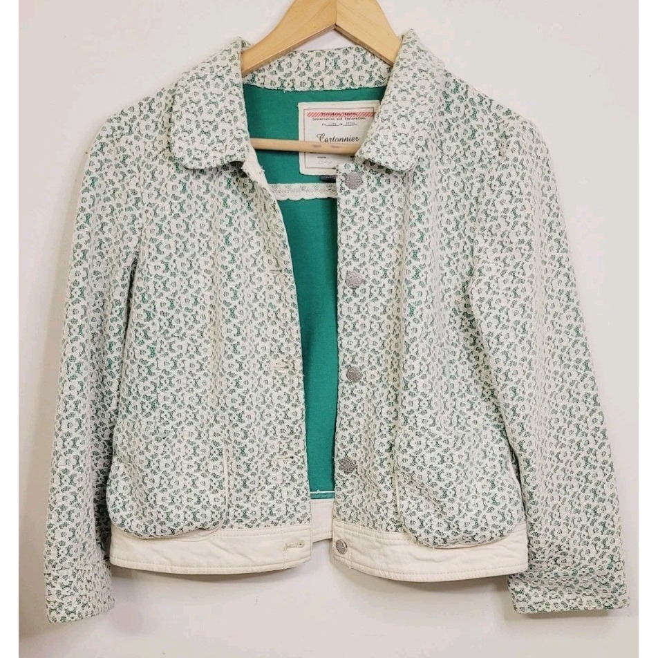 Anthropologie Cartonnier Women's Medium Denim Jacket Lace Ivory Green Trucker
