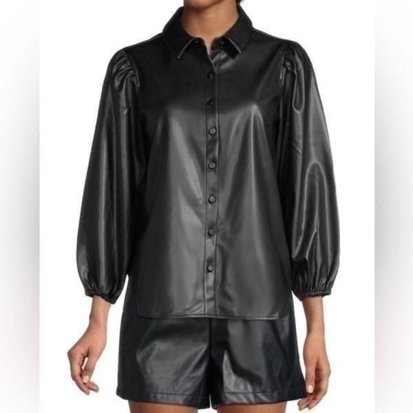 BCBGeneration Black Faux Leather Button Front Shirt