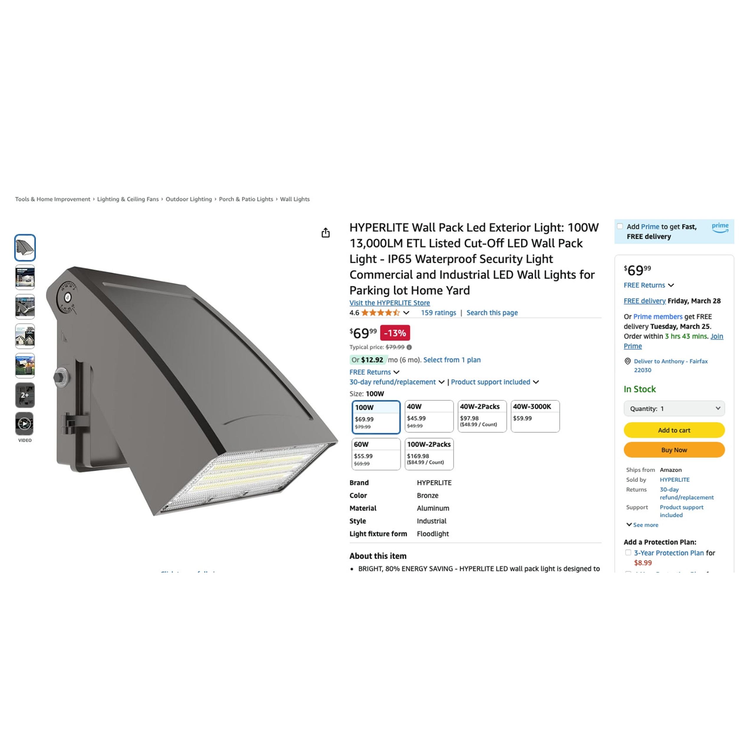 HYPERLITE Wall Pack Led Exterior Light: 100W 13,000LM IP65 Waterproof Security