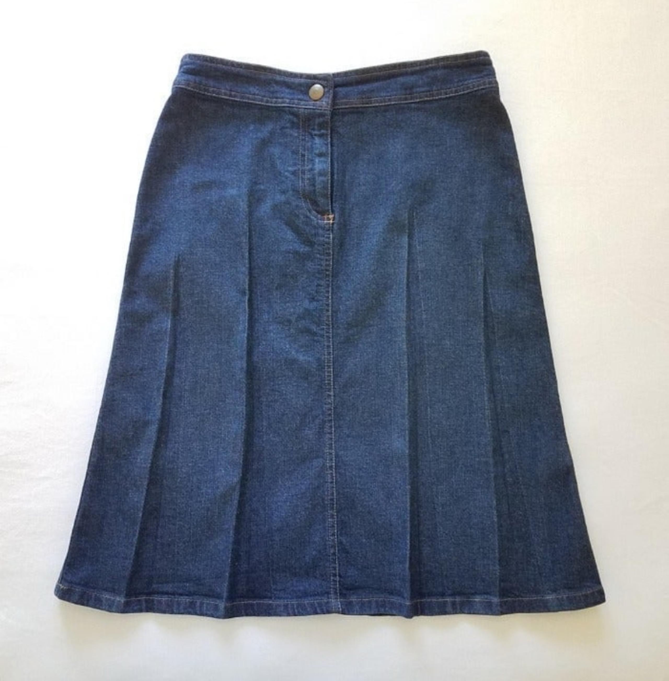 dark wash a-line denim midi skirt