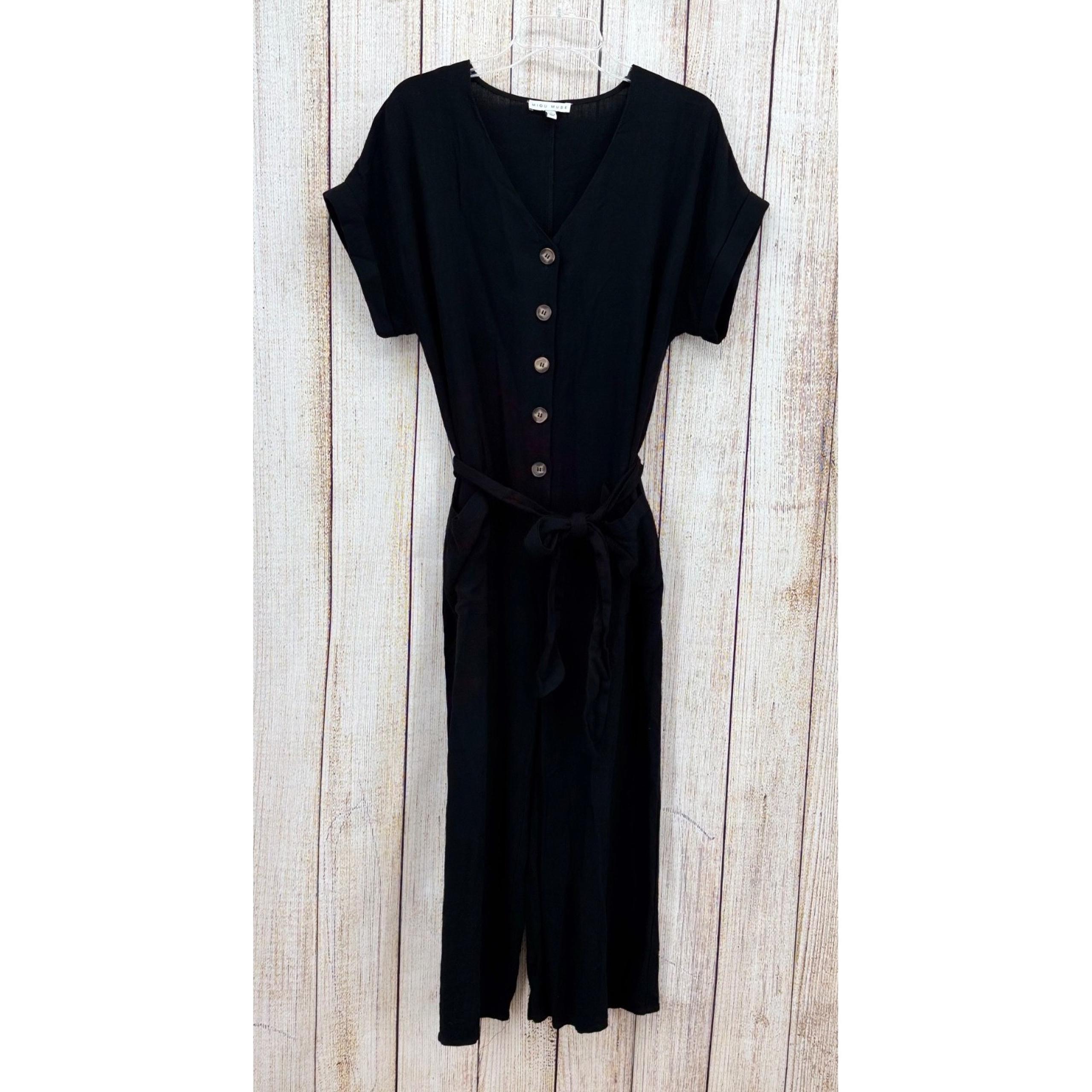 Miou Muse Black Button Front Belted Jumpsuit Large Linen Blend Wide Leg