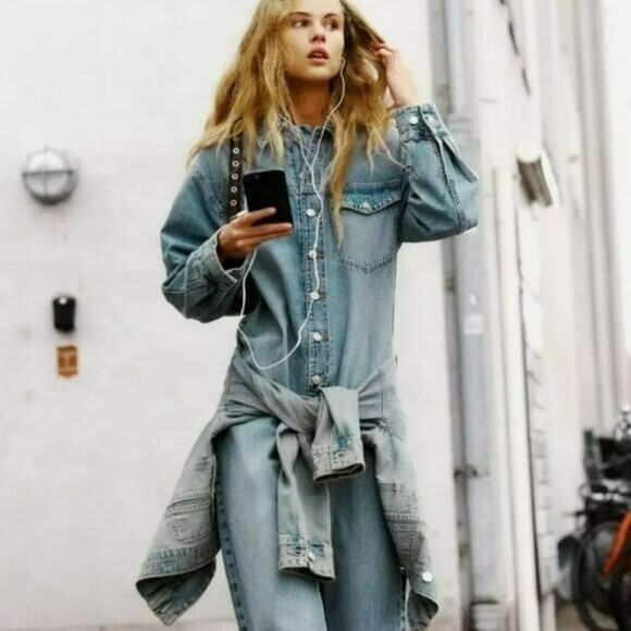 ZARA WOMEN'S TRF LONG DENIM JUMPSUIT LIGHT BLUE SIZE 4365/280/400 large