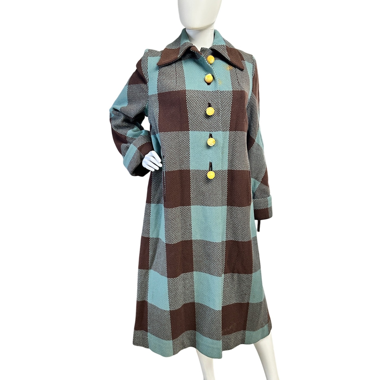 Vintage 30s 40s Women's Brown Blue Plaid Wool Blend Long Swing Coat Overcoat