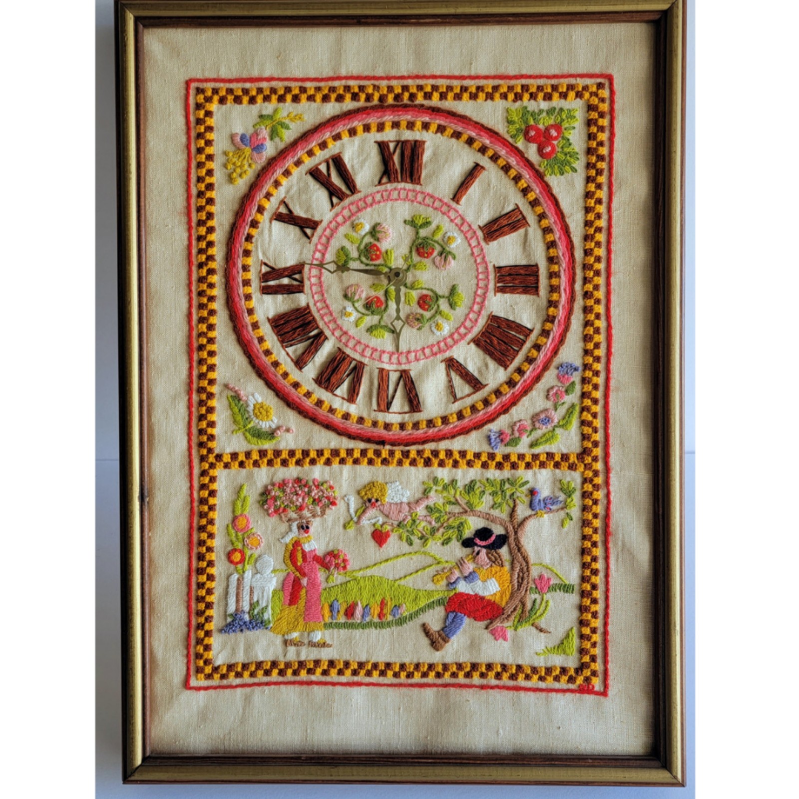 Vintage Handmade Embroidered Tapestry Framed Clock Garden Scene 15x21