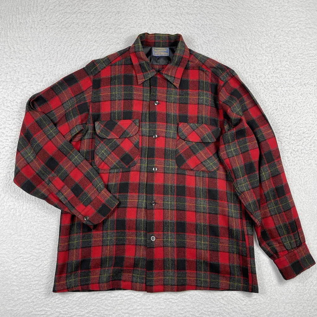 Pendleton Shirt Mens Medium Red Wool Vintage 60s Lumberjack 1962 Loop Collar