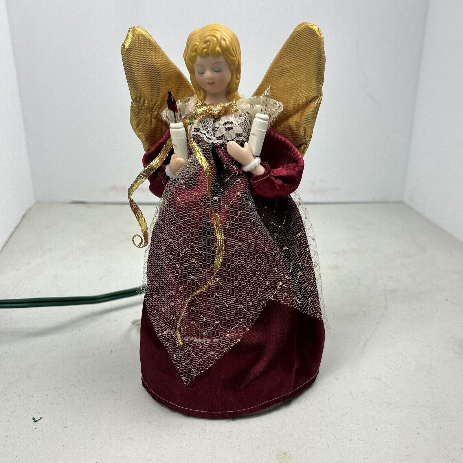 Vintage Angel Christmas Tree Topper Lighted Flashing Bisque Face Red dress 9