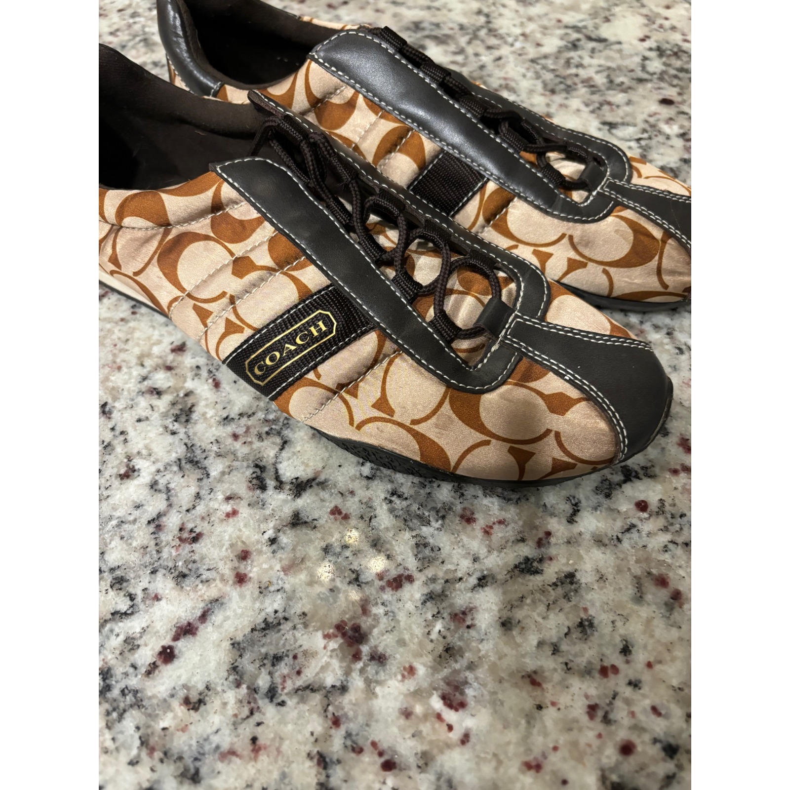 Coach KirbySignature Jacquard Sneakers Brown Leather Trim Lace Up Shoes size 9.5