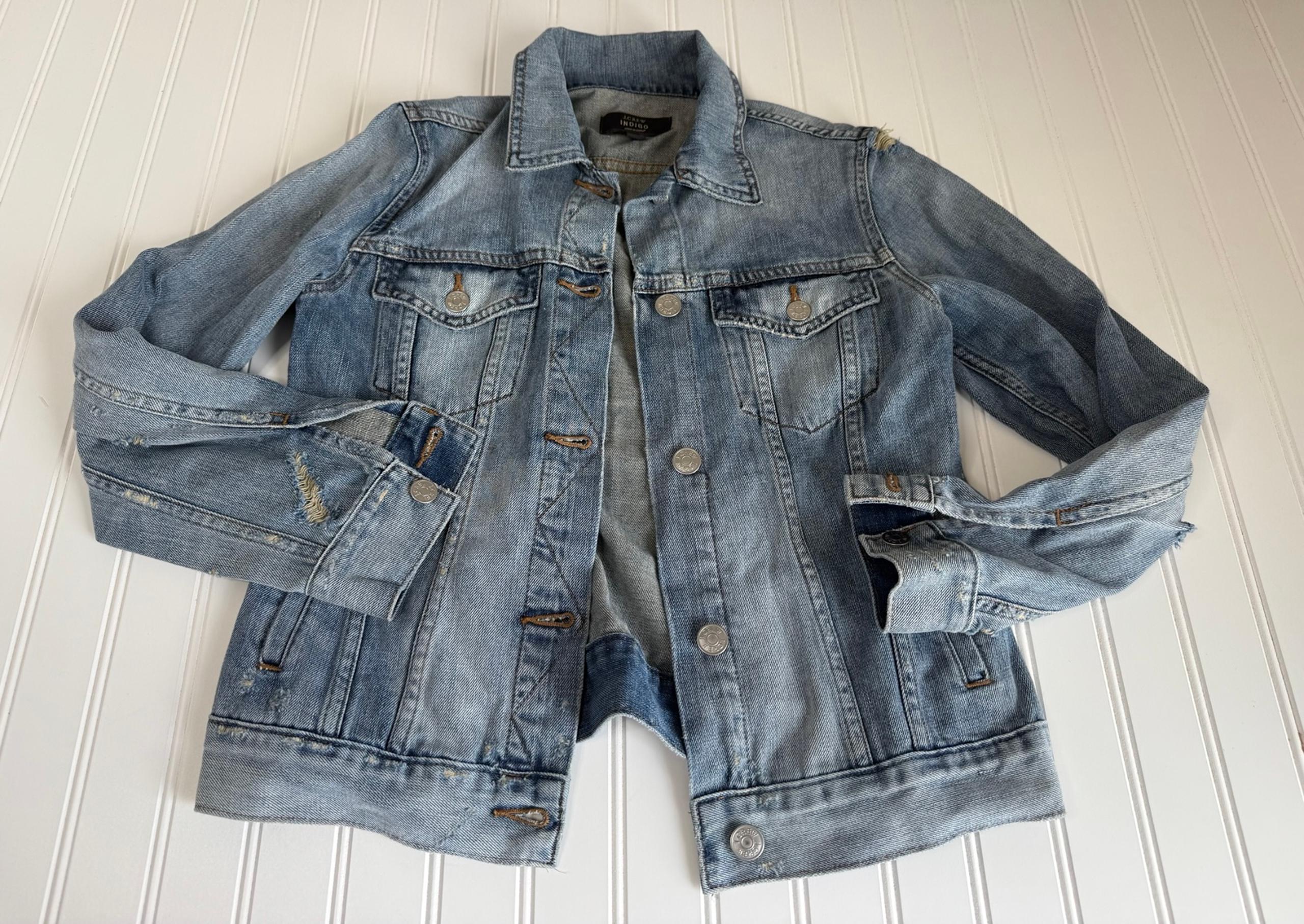 J.Crew Indigo Denim Jacket Small Womens Blue Jean Trucker Distressed
