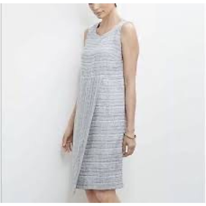 Pure Jill 100% Linen Gray Striped Sleeveless Dress Summer Comfort Small