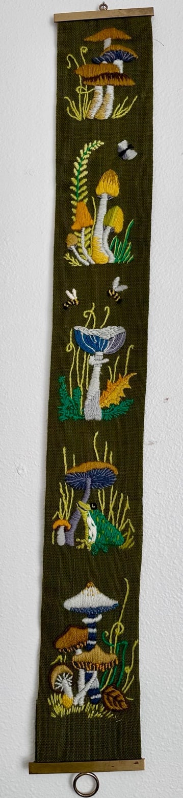 Vintage Handmade Mushroom/Frog Crewel Bell Pull Wall Hanging 70s