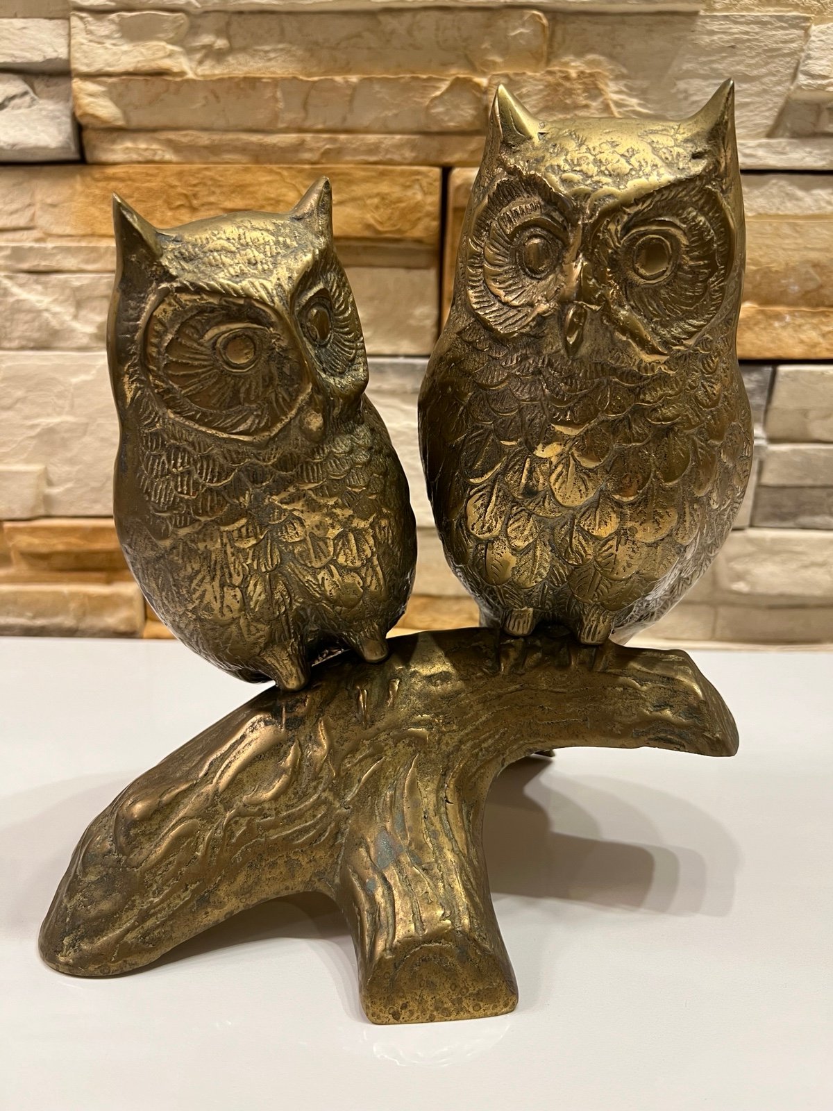 Vintage Large Brass Two Owls On A Branch 10 T x 9 W Heavy 6 lbs Korea