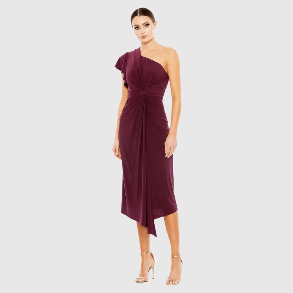 Size 14 MAC DUGGAL 12480 NWT Red One Shoulder Midi Length Jersey Dress