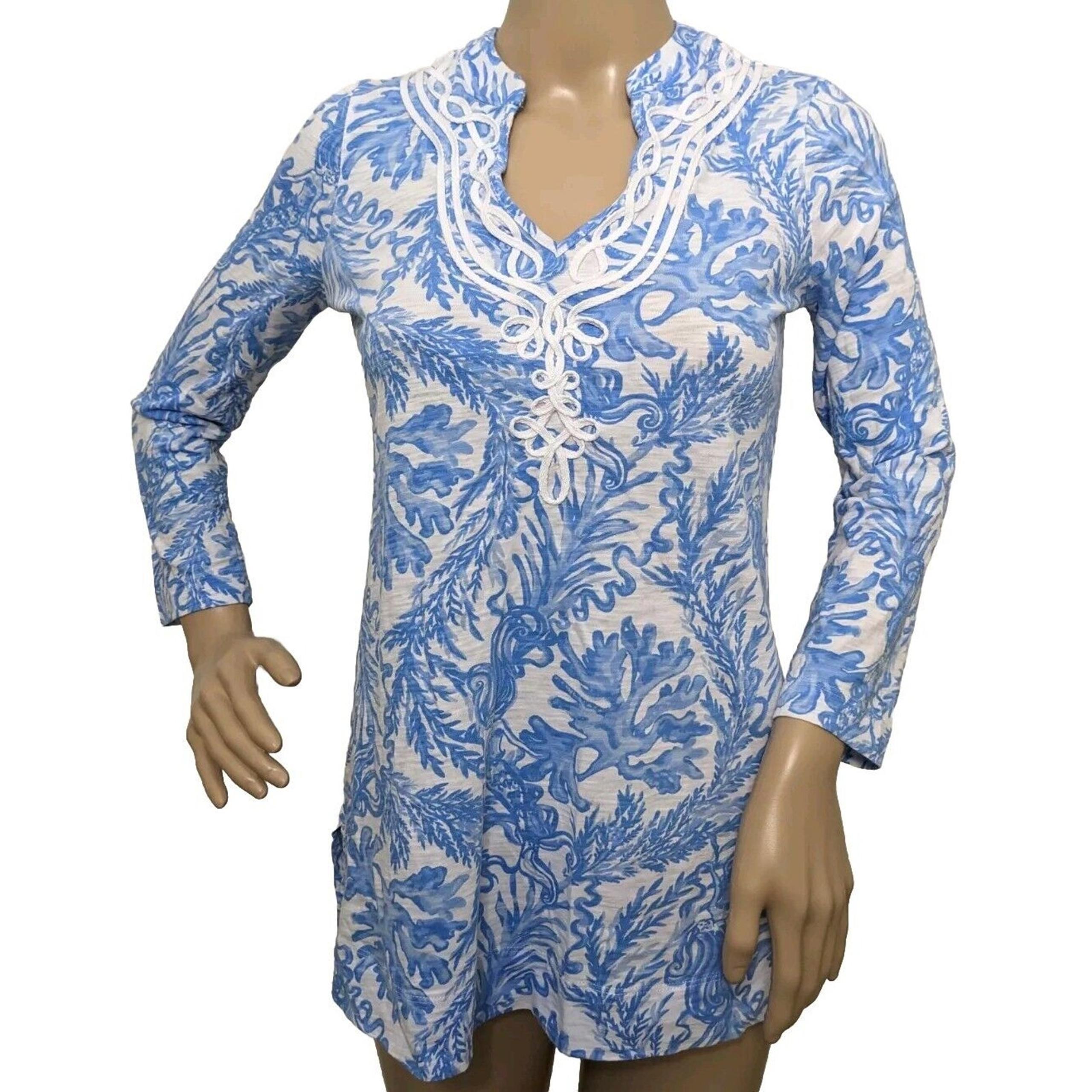 Lilly Pulitzer KAIA TUNIC Resort White Aqua Mermaid Lounge Tee Top Blue Size XXS