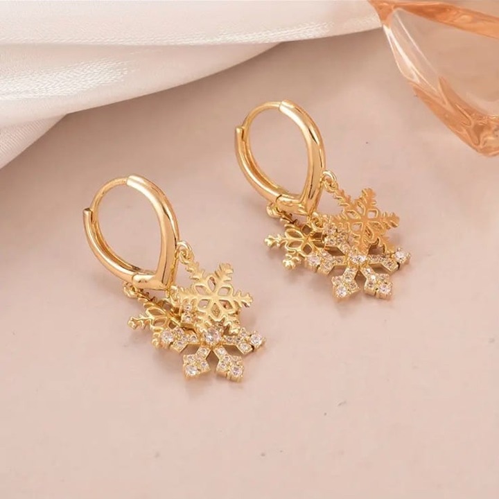 Womens Gold Dangle Drop Snow Flake Earrings NWT