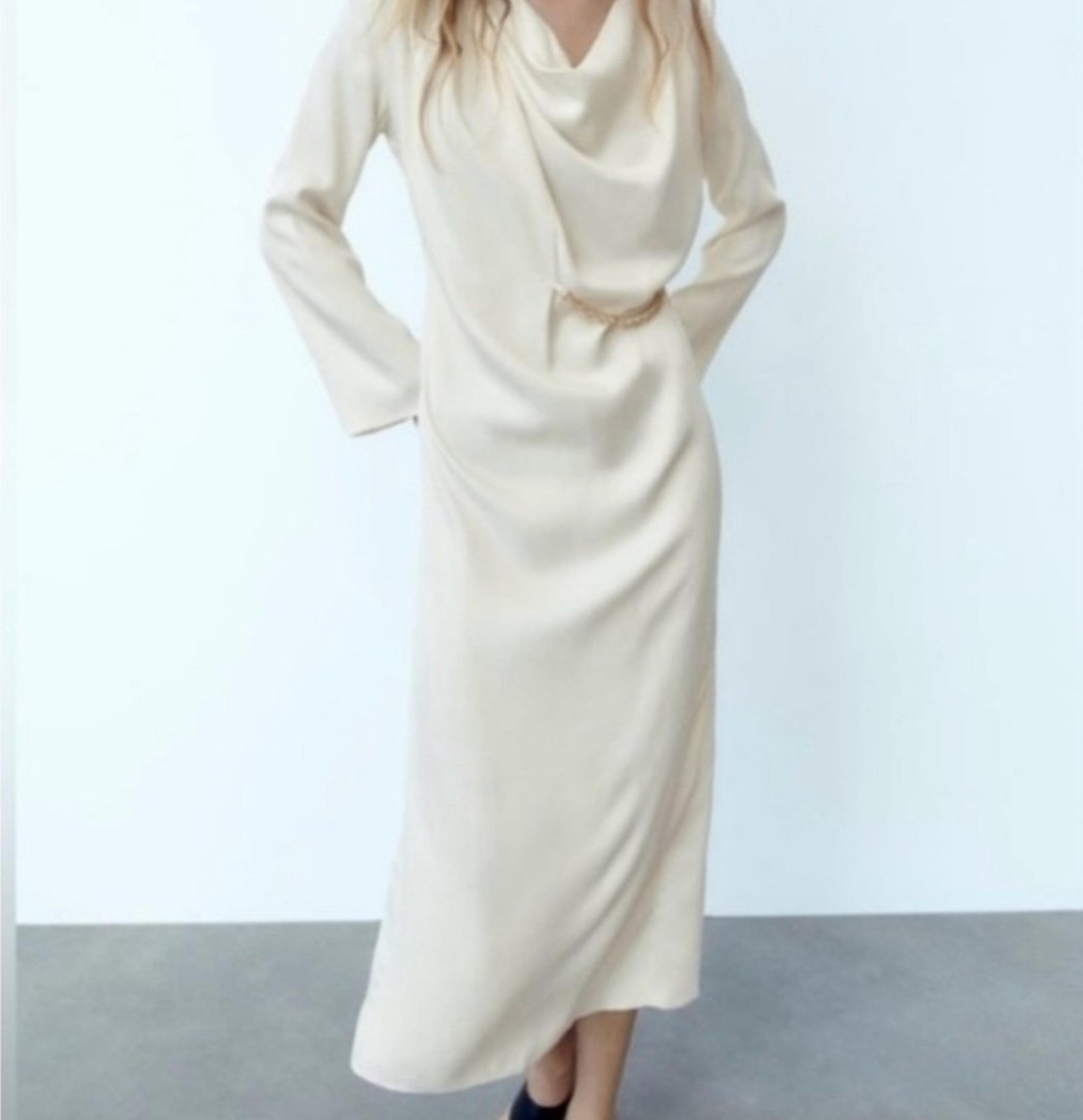 ZARA Gold Chain Ivory Satin Midi Dress Sz Sm