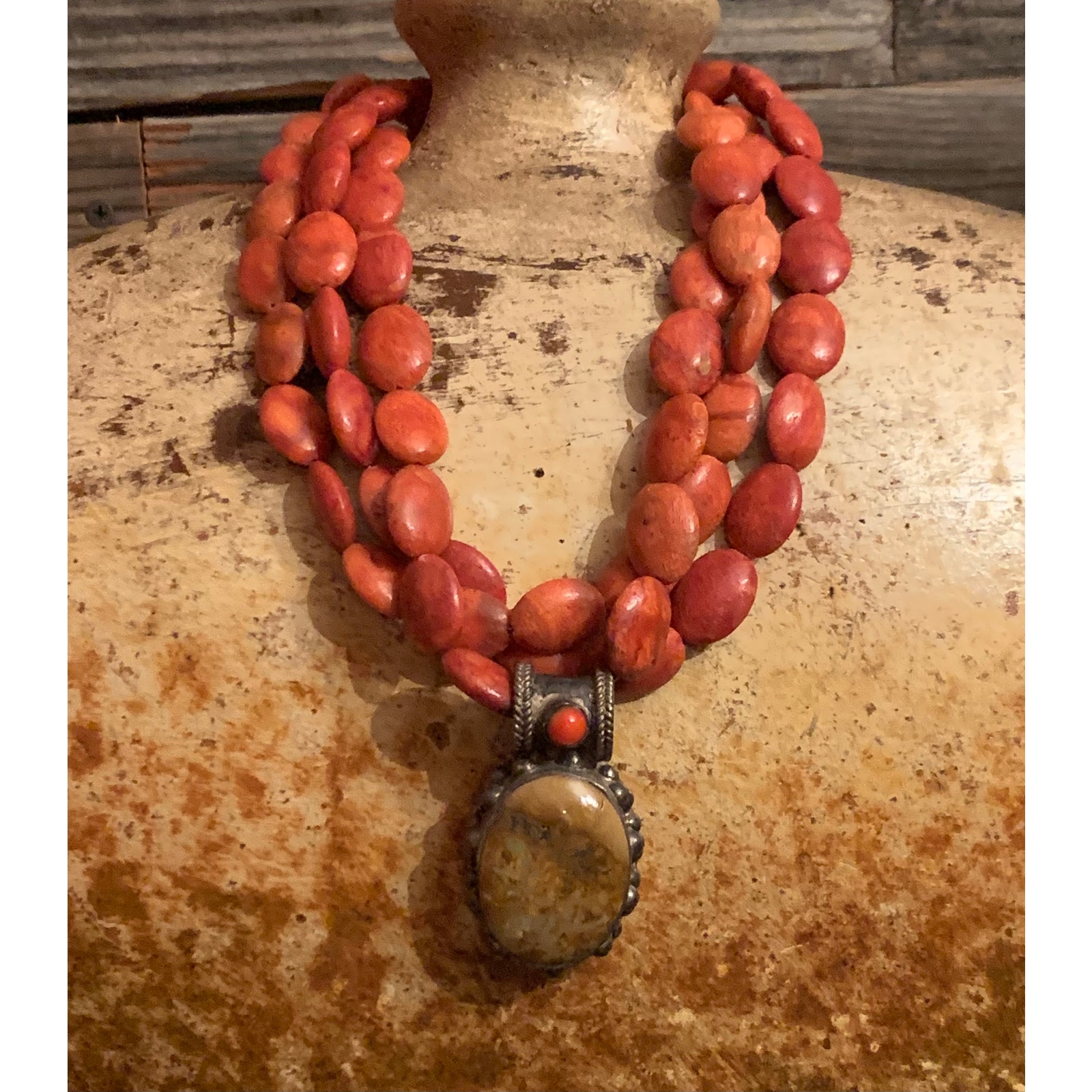 Sterling Silver, Agate, Red & Brecciated Jasper 3 Strand Necklace w/ Pendant