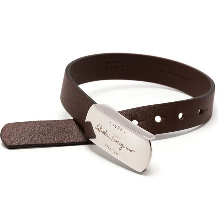 NEW Salvatore Ferragamo Brown Leather & Silver Toned 1927 Logo Buckle Bracelet