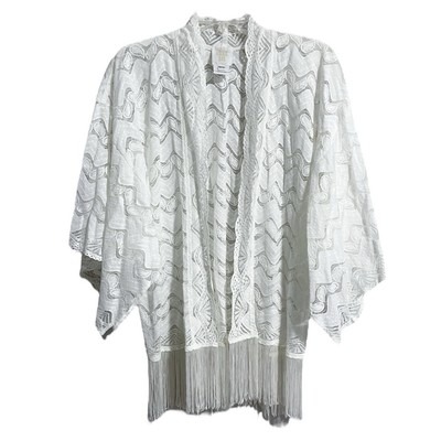 Anna Sui Boho Festival Lace Fringe Kimono White OS Sheer Leaf Zig Zag Bridal