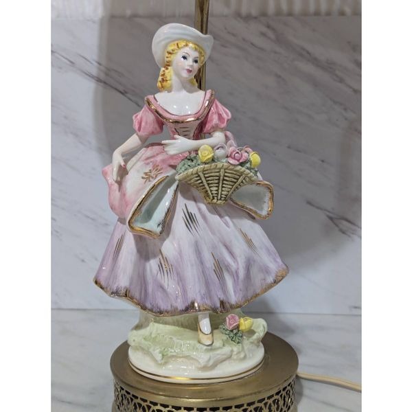 Antique 1950's Porcelain Lady 9 Tall Figurine Gold Tone Base Lamp