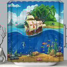 Pirate Ship Fabric Shower Curtain 70x70 Colorful Ocean Island Fish Kid Boy Child