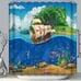 Pirate Ship Fabric Shower Curtain 70x70 Colorful Ocean Island Fish Kid Boy Child