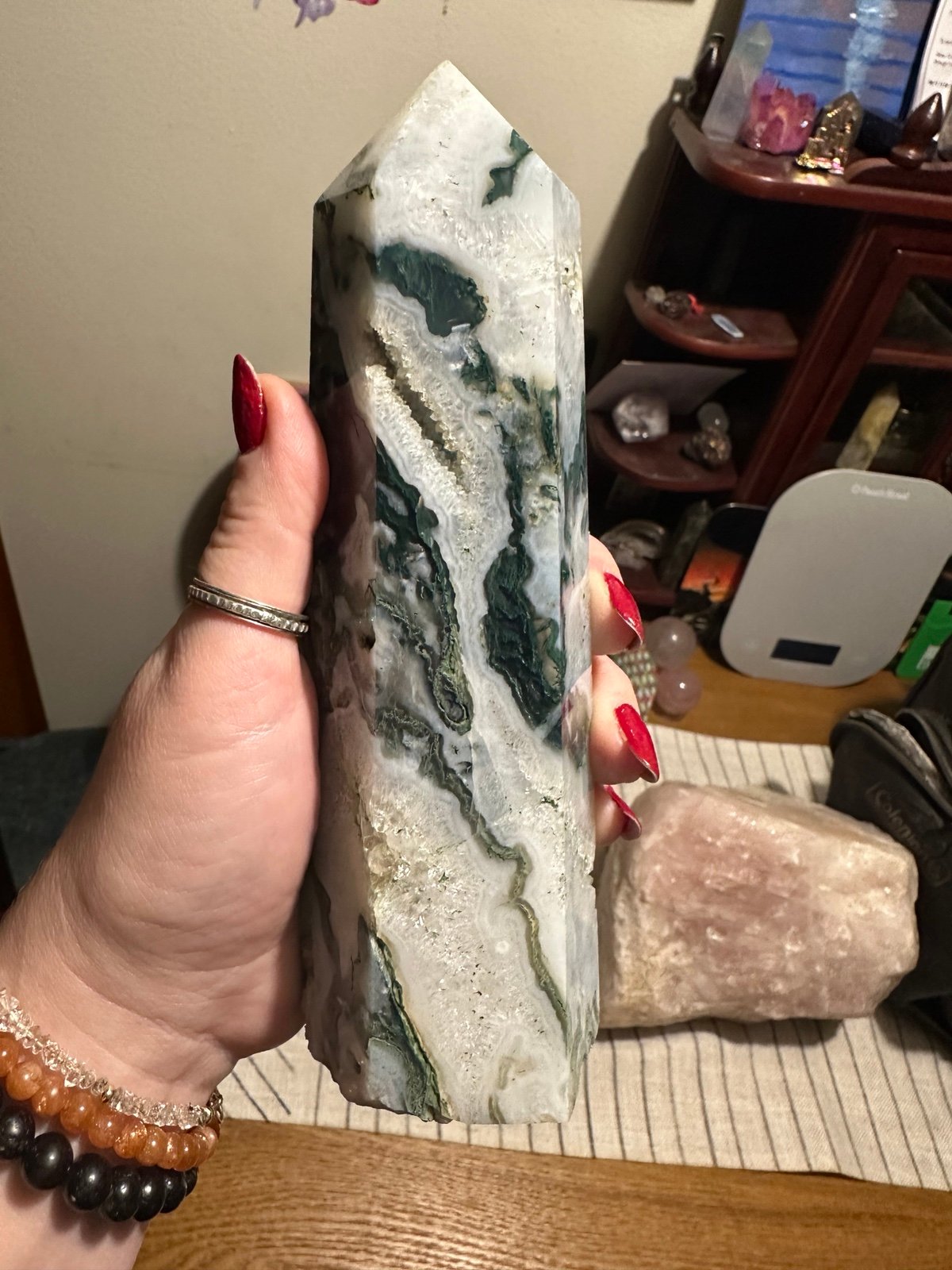 Moss agate tower with incredible druzy pockets